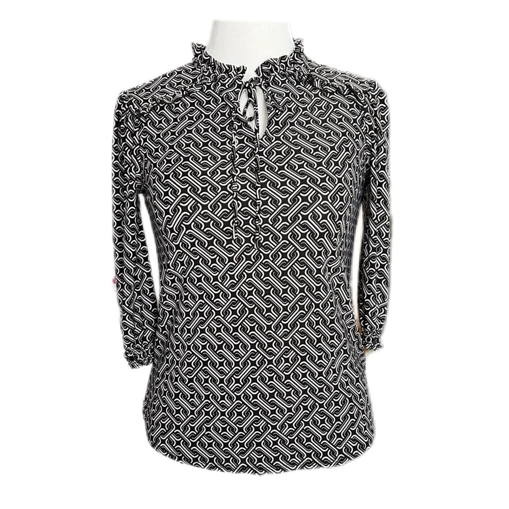 Cocomo Petite blouse, size S neutral geometric, ties ruffle stand up collar EUC